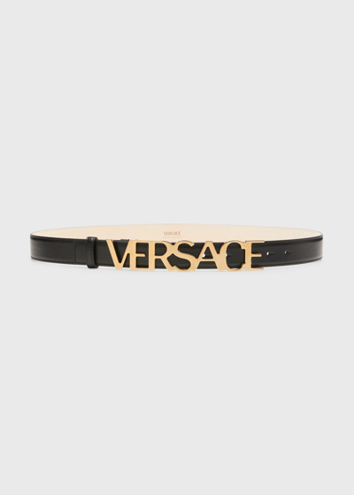 Shop Versace Logo Leather Belt In Black Gold
