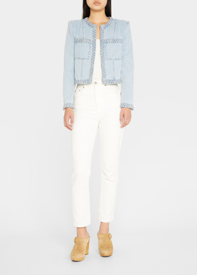 Shop Veronica Beard Arrowe Cropped Chambray Jacket With Braided Trim In Glacier Blue