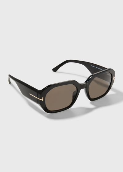 Shop Tom Ford Veronique Geo Rectangle Acetate Sunglasses In 01a Black/grey
