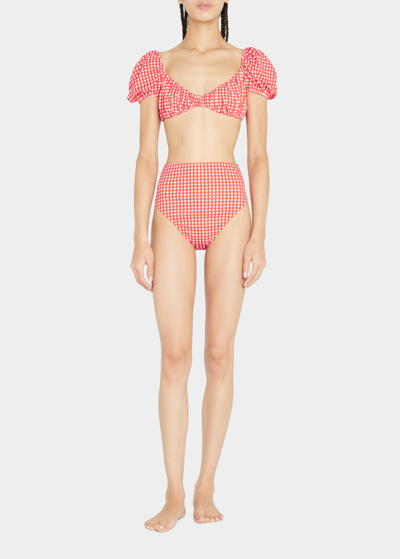 Shop Caroline Constas Veda Gingham High-waisted Bikini Bottoms In Red Gingham