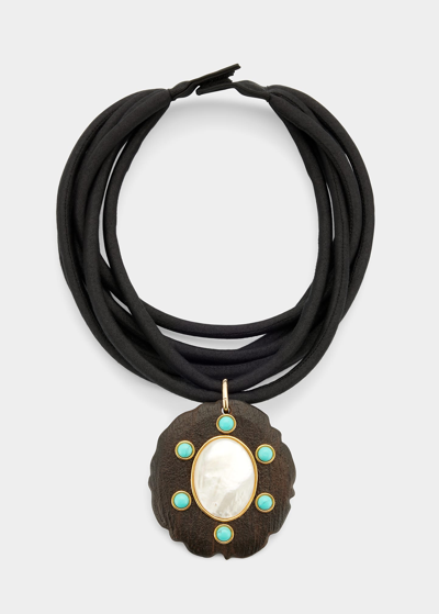 Shop Grazia And Marica Vozza Ebony Circle Charm With Mother-of-pearl And Turquoise On Silk Cord Necklace In Multi
