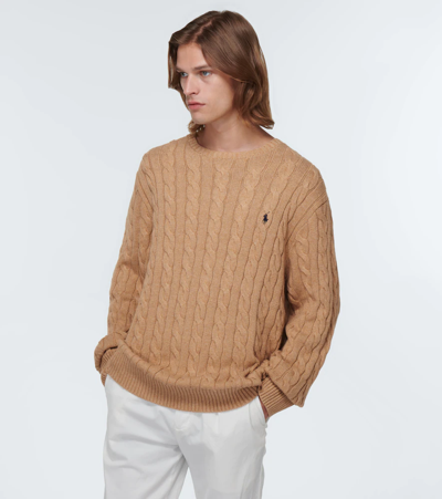 Polo Ralph Lauren Beige Cable Knit Crewneck Sweater With Pony Embroidery On The Front In Wool And Cashmere Man In Nude