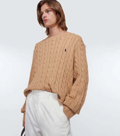 Polo Ralph Lauren Beige Cable Knit Crewneck Sweater With Pony Embroidery On The Front In Wool And Cashmere Man In Nude