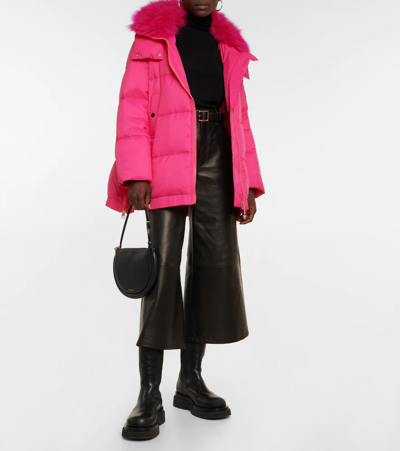 Shop Yves Salomon Shearling-trimmed Down Coat In Bright Rose