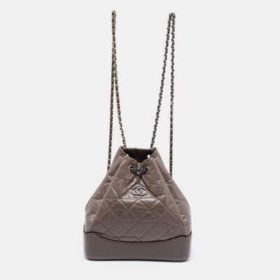 Pre-owned Chanel Taupe Leather Small Gabrielle Backpack In Grey