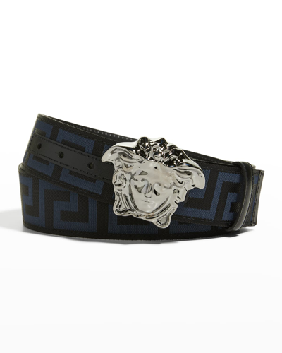 Shop Versace Men's Tonal Medusa/greek Key Web Belt In Blacknavy-rutheni