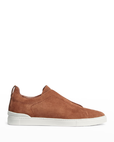 Shop Zegna Men's Triple Stitch Suede Low-top Sneakers In Md Brw Sld