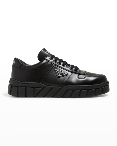 Shop Prada Men's Fly Blok Triangle Logo Leather Sneakers In Nero