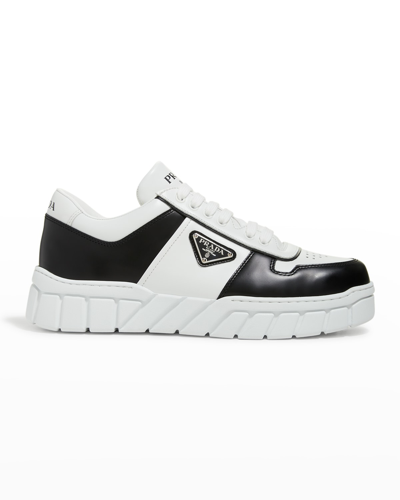 Shop Prada Men's Fly Blok Triangle Logo Leather Sneakers In Bianco Nero