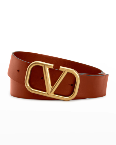 Shop Valentino Men's V-logo Leather Belt In Brown