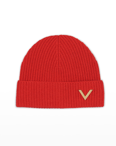 Shop Valentino Logo Ribbed Cashmere Beanie In Red