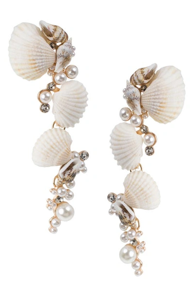 Shop Jardin Three Tier Shell Imitation Pearl Drop Earrings In White/ Gold