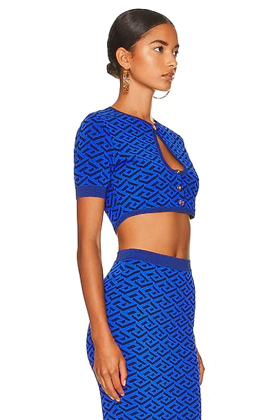 Shop Versace La Greca Short Sleeve Crop Cardigan In Royal Blue