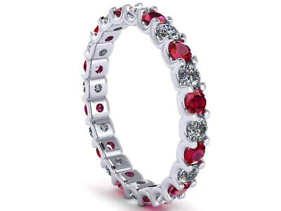 Pre-owned Jewelwesell 1.40ct Round Ruby Diamond U-prong Eternity Band Ring 14k White Gold Aaaa F Vs2