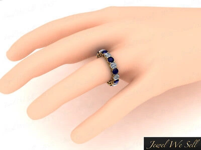 Pre-owned Jewelwesell 3.80ct Round Sapphire Diamond Gallery Shared Eternity Band Ring 14k Aaaa F Vs2