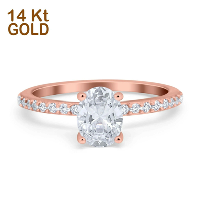 Pre-owned Emerald 14k Rose Gold Oval Solitaire Accent Engagement Rings Simulated Cz In Pink