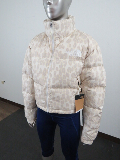 Pre-owned The North Face Womens  Printed Nuptse Short Crop 700-down Jacket - Grey Leopard In Silver Grey Leopard Print
