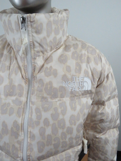 Pre-owned The North Face Womens  Printed Nuptse Short Crop 700-down Jacket - Grey Leopard In Silver Grey Leopard Print