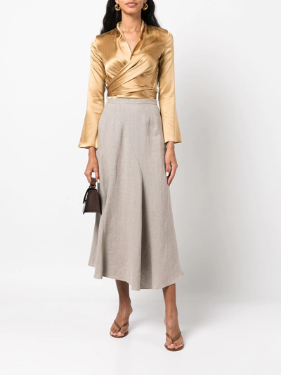 Shop Voz Spiral Linen Midi Skirt In Grey
