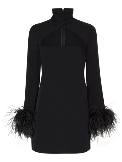 16arlington Odessa Twist-front Feather-trimmed Crepe Mini Dress In Schwarz