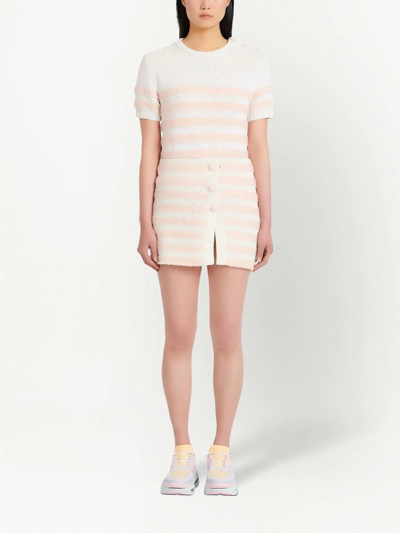 Shop Balmain Striped Knitted Button-up Skirt In White