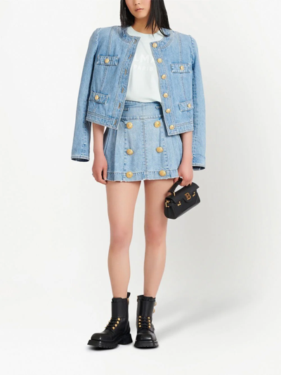 Shop Balmain Flared Denim Mini Skirt In Blue