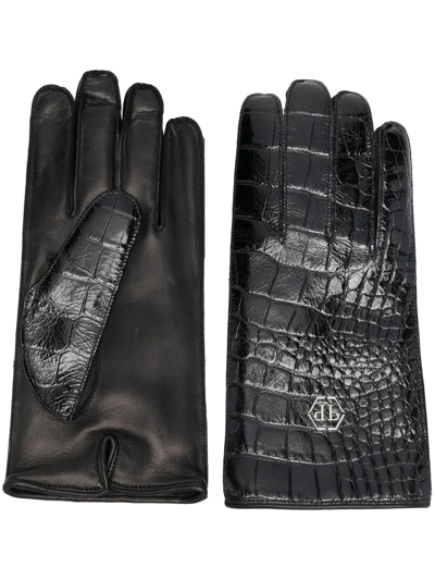 Shop Philipp Plein Crocodile-effect Leather Gloves In Schwarz