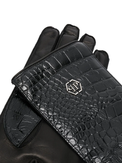 Philipp Plein Crocodile-effect Leather Gloves In Schwarz