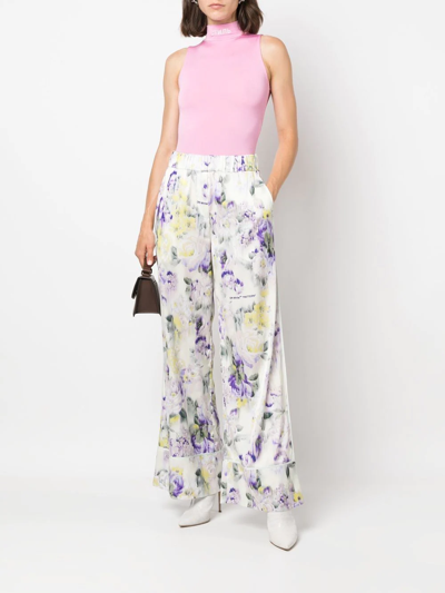 Off-white Palazzo Pants With Floral Print In Green