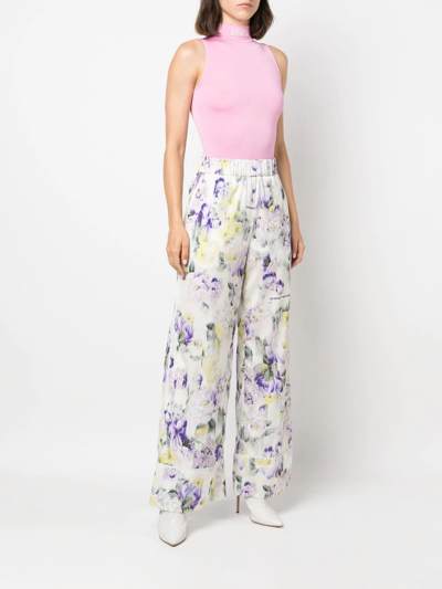 Off-white Palazzo Pants With Floral Print In Green