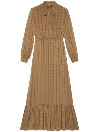 Shop Gucci Gg-jacquard Silk Maxi Dress In Brown