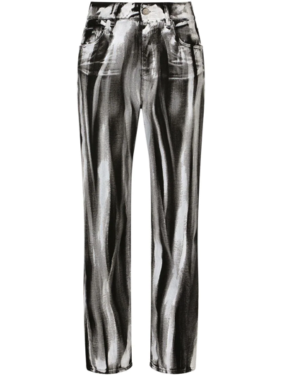 Shop Dolce & Gabbana Stripe-print Cropped Boyfriend Jeans In Black