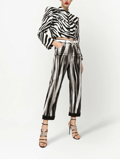 Dolce & Gabbana Stripe-print Cropped Boyfriend Jeans In Black