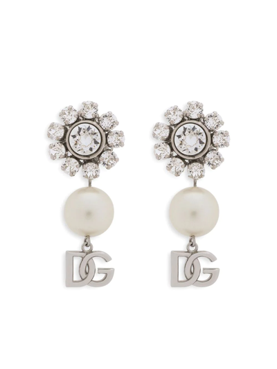 Dolce & Gabbana Rhinestone And Faux Pearl Dg Logo Clip-on Earrings In Silber