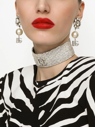 Dolce & Gabbana Rhinestone And Faux Pearl Dg Logo Clip-on Earrings In Silber