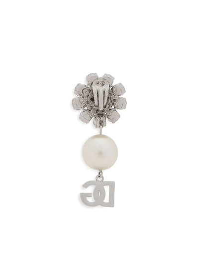 Dolce & Gabbana Rhinestone And Faux Pearl Dg Logo Clip-on Earrings In Silber