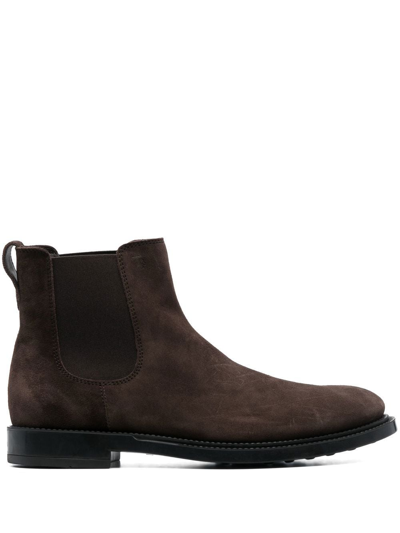 Tod's Round Toe Suede Chelsea Boots With Elastic Side Panels In Braun