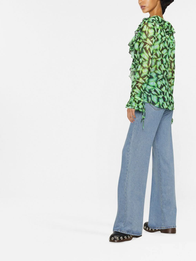 Shop Msgm Graphic-print Ruffle-detail Blouse In Green