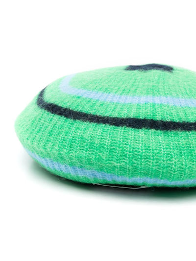 Shop Ganni Striped Knitted Beret In Grün