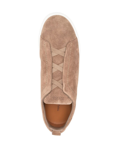 Zegna Man Cappuccino Suede Triple Stitch Slip Ons In Multi