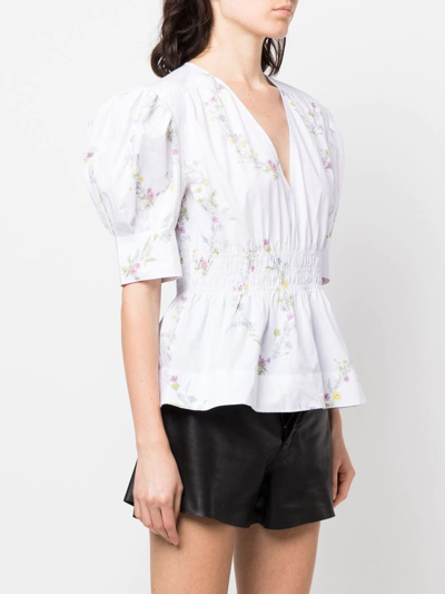 Shop Ganni Floral-print Puff-sleeve Blouse In Weiss