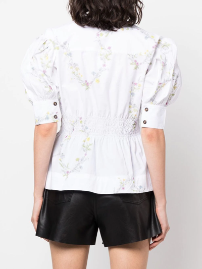 Shop Ganni Floral-print Puff-sleeve Blouse In Weiss