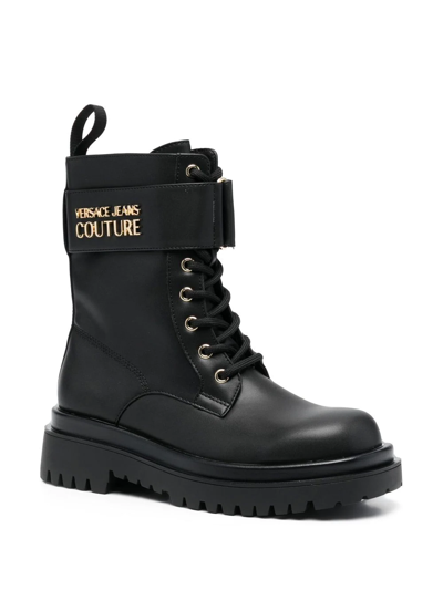 Shop Versace Jeans Couture Logo-lettering Combat Boots In Schwarz