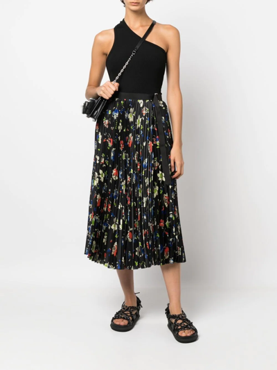 Floral print Pleated Maxi Skirt W/ Buckle In Black