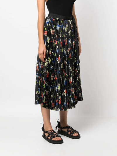 Floral-print Pleated Maxi Skirt W/ Buckle In Black