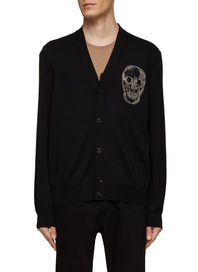 Shop Alexander Mcqueen Long Sleeve Button Down Skull Logo Wool Cardigan In Black
