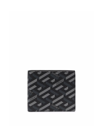 Shop Versace Wallet With Greek Motif In Black Grey