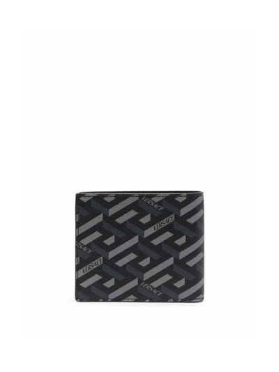 Shop Versace Wallet With Greek Motif In Black Grey