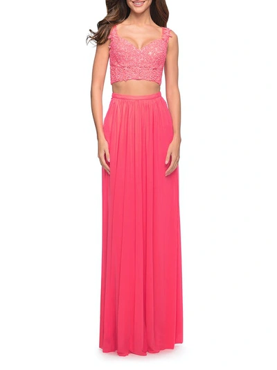 Shop La Femme Beaded Lace To Two Piece Prom Dress With Pockets In Pink