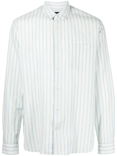 Shop Vince Striped Linen Long-sleeve Shirt In Neutrals